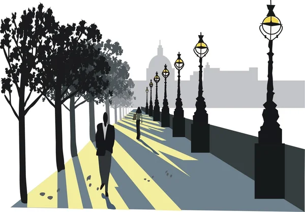 Vector illustration of embankment area London England at dawn with shadows. — Stock Vector