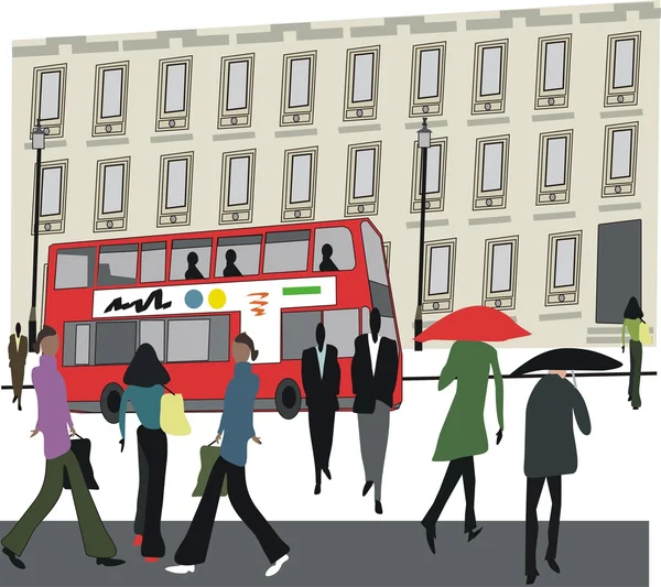 Vector illustration of in London street with red bus and building. — Stock Vector