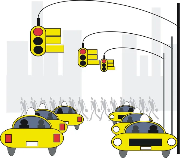 Ilustração vetorial de táxis amarelos e semáforos em Nova York . — Vetor de Stock