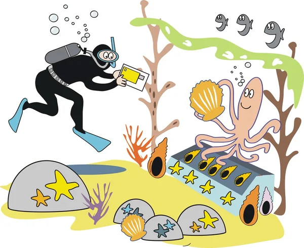 Vector cartoon showing underwater scene with diver and octopus. — Stock Vector