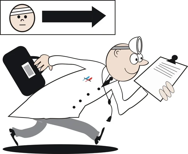 Διάνυσμα γελοιογραφία της ενθουσιώδεις γιατρός που τρέχει με το πρόχειρο. — Διανυσματικό Αρχείο