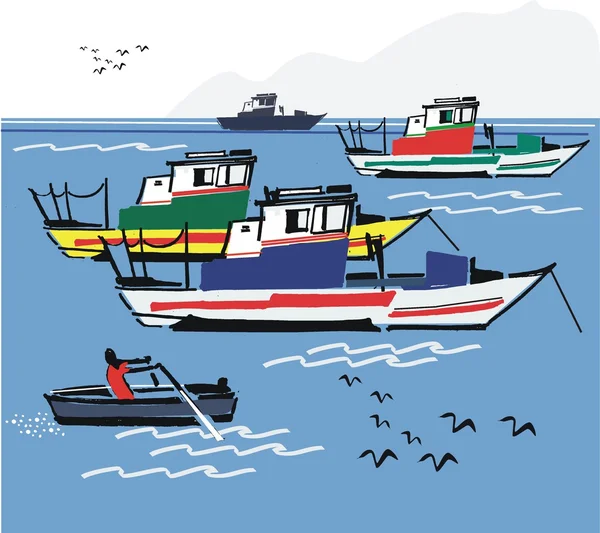 Ilustración vectorial de barcos pesqueros portugueses, costa del Algarve . — Archivo Imágenes Vectoriales