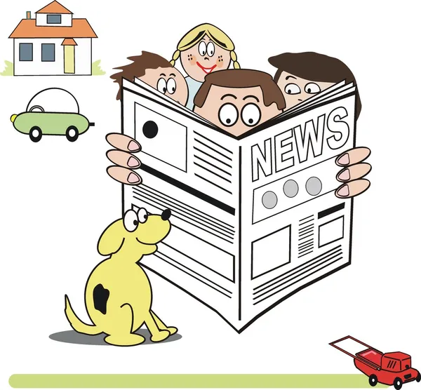Vector cartoon of family group reading newspaper. — Stock Vector