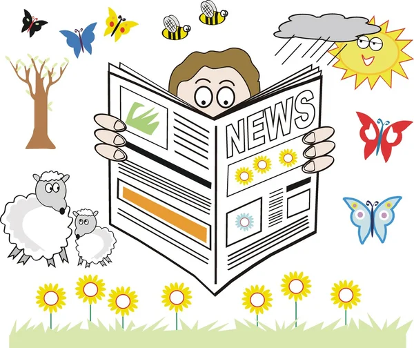 Vector cartoon of man reading newspaper with seasonal spring theme. — Stockvector