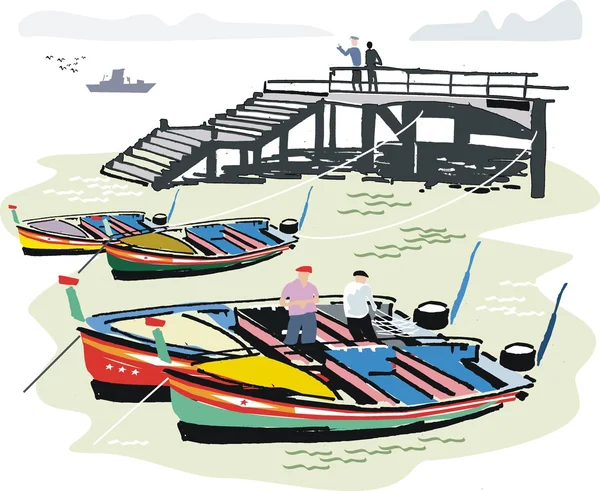 Vector illustration of Portuguese fishing boats at anchor next to wharf, Algarve . — 스톡 벡터