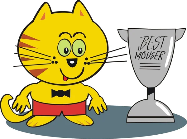 Vector cartoon of happy yellow cat with prize cup for catching mice. — Stock Vector