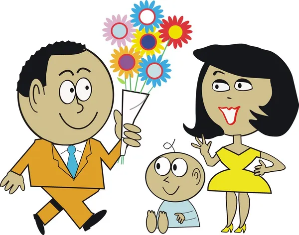 Vector de dibujos animados de hombre afroamericano dando flores a la esposa y el bebé . — Vector de stock