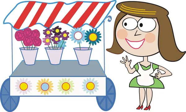 Vector cartoon of smiling woman with flower stall. — Stock Vector