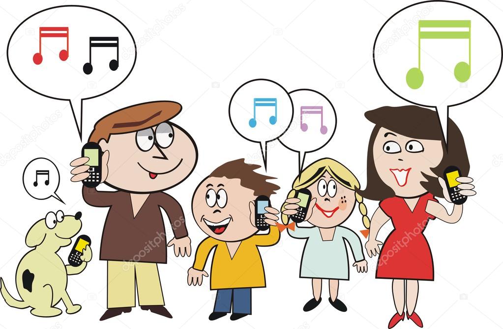 Vector cartoon of happy family using mobile phone technology.