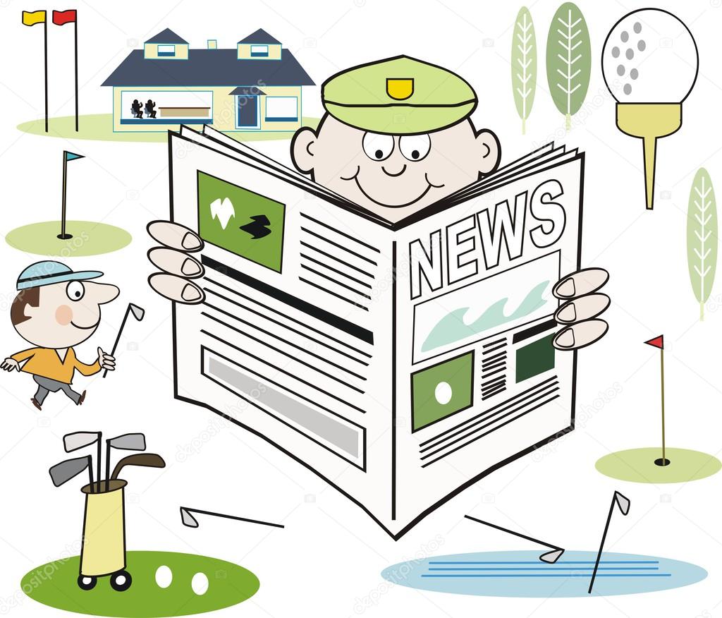 Vector cartoon of golfer reading newspaper with clubhouse, greens and clubs in background.