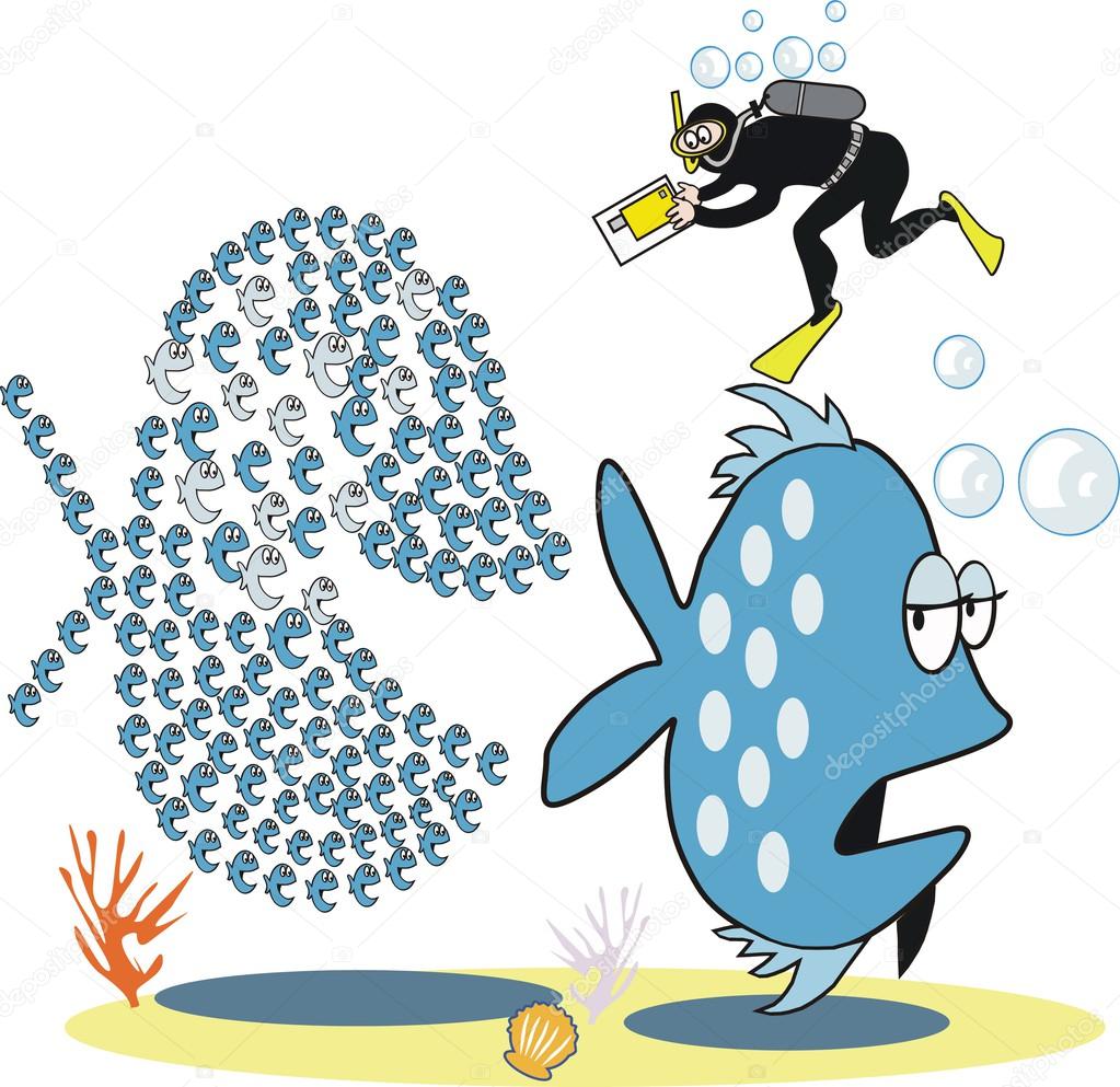Vector cartoon showing large shoal of fish being photographed by diver.
