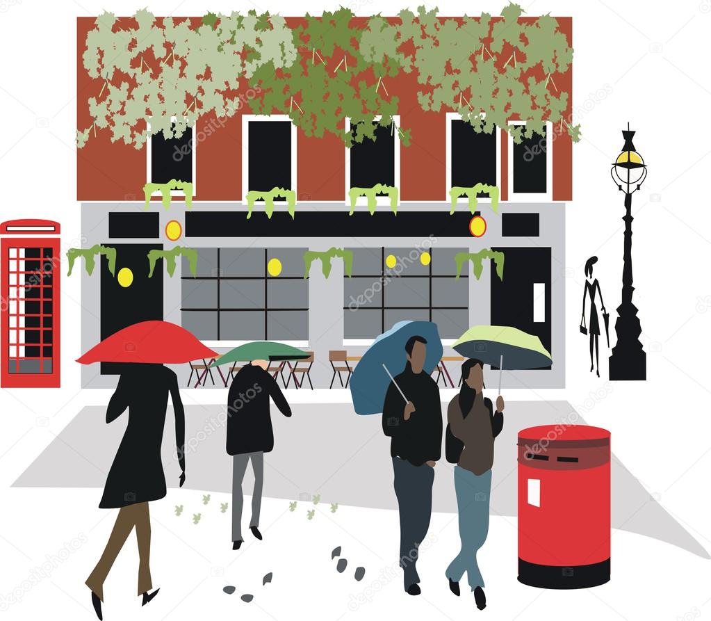 Vector illustration of London pub with pedestrians walking in rain.