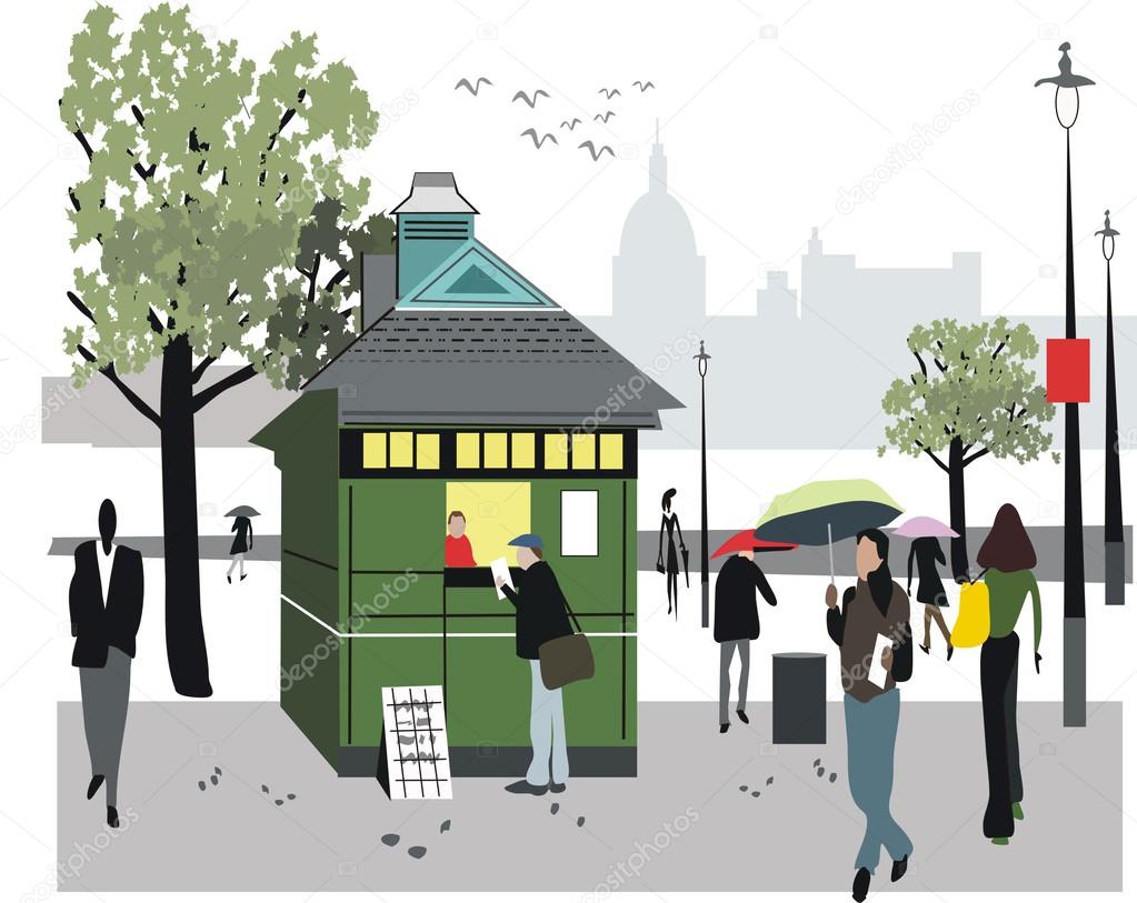 Vector illustration showing newspaper stall in London, England.