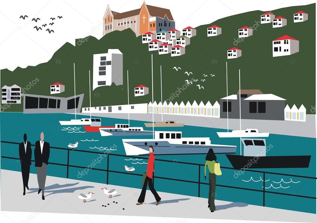 Vector illustration of Wellington boat harbour, New Zealand.