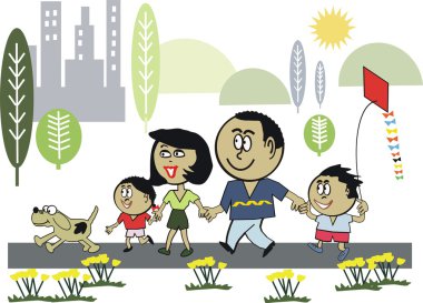 Afro-Amerikan ailesinin Park'ta yürüyordunuz vektör karikatür