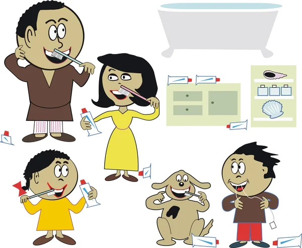 Cartone animato vettoriale della famiglia afroamericana pulizia e denti filo interdentale — Vettoriale Stock