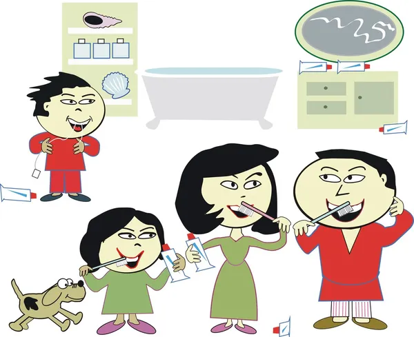 Kreslené vektorové šťastné asijské rodiny čištění zubů v koupelně — Stockový vektor