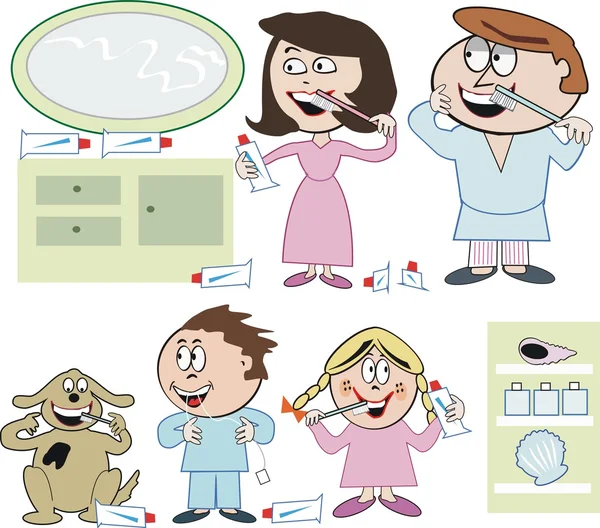 Kreslené vektorové šťastné rodiny, čištění zubů doma — Stockový vektor