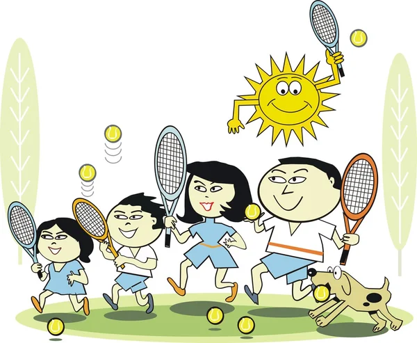 Vektor kreslené asijské rodiny hrát tenis — Stockový vektor