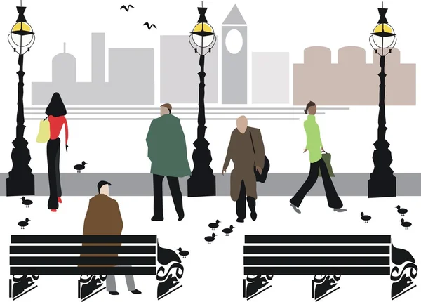 Vektorové ilustrace chodců podél nábřeží oblast, Londýn, Anglie — Stockový vektor