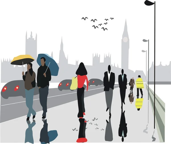 Vektorové ilustrace chodců na westminster bridge, Londýn s big ben v pozadí — Stockový vektor