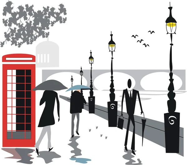 Ilustración vectorial de caminar bajo la lluvia a lo largo de Londres Embankment área — Vector de stock