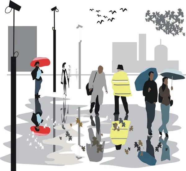 Ilustración vectorial de caminar bajo la lluvia por Londres — Vector de stock
