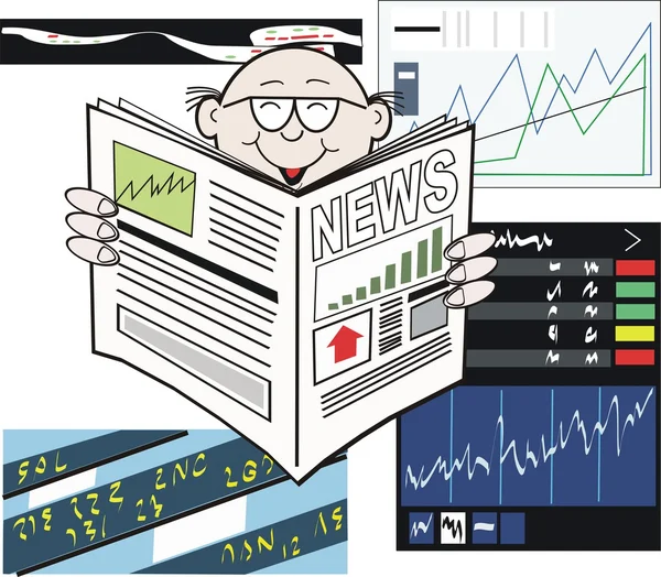 Desenho animado vetorial de homem de negócios lendo jornal com aumento do mercado de ações — Vetor de Stock