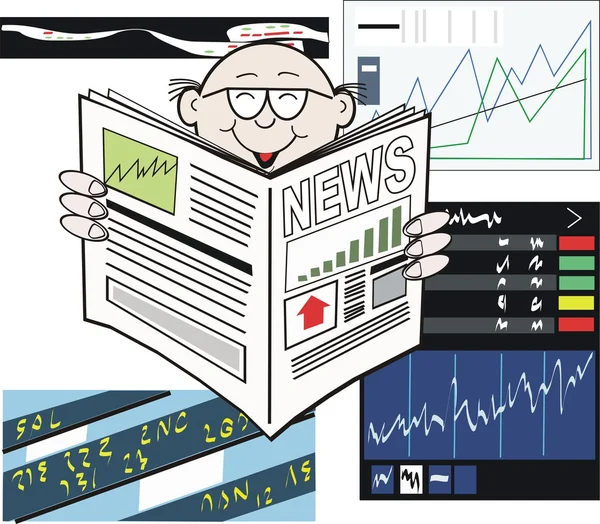 Vektor kreslené obchodník čtenářský deník s akciového trhu roste — Stockový vektor