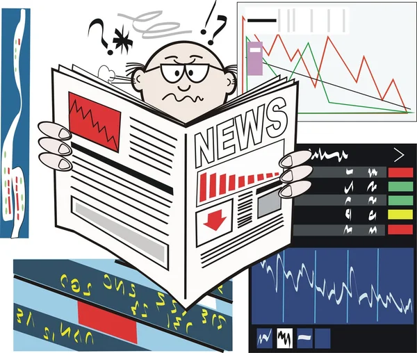 Cartone animato vettoriale di uomo d'affari che legge il giornale con il mercato azionario in aumento — Vettoriale Stock
