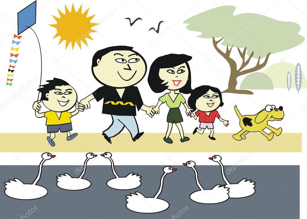 Vector cartoon of happy Asian family enjoying walk outdoors in autumn