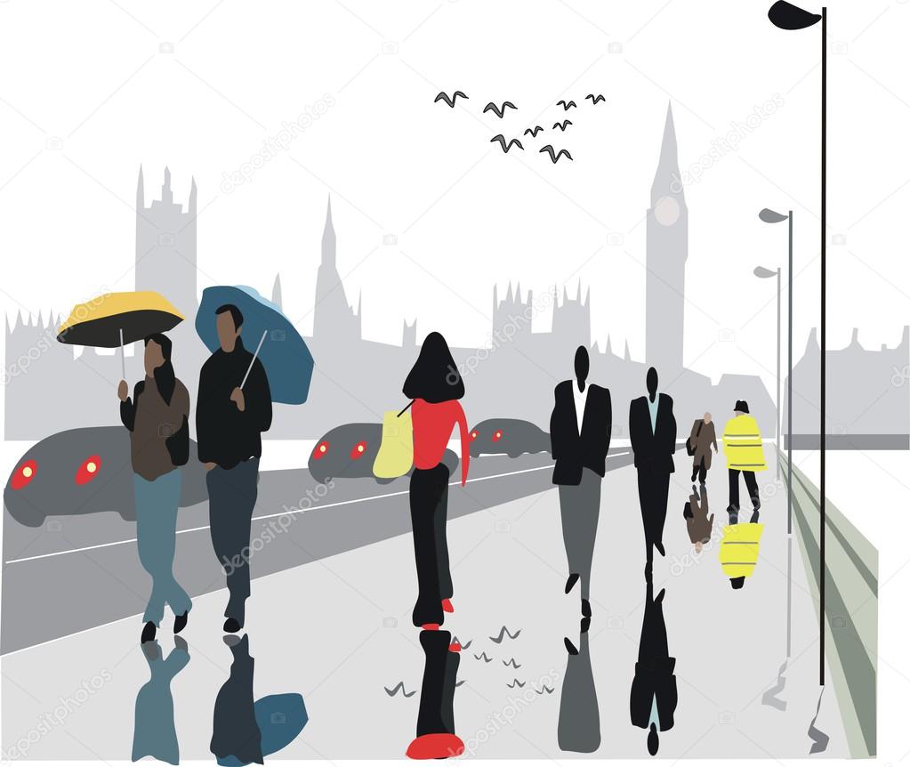 Vector illustration of pedestrians on Westminster Bridge, London with Big Ben in background