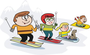 vektör karikatür mutlu aile kayak dağ yamacında
