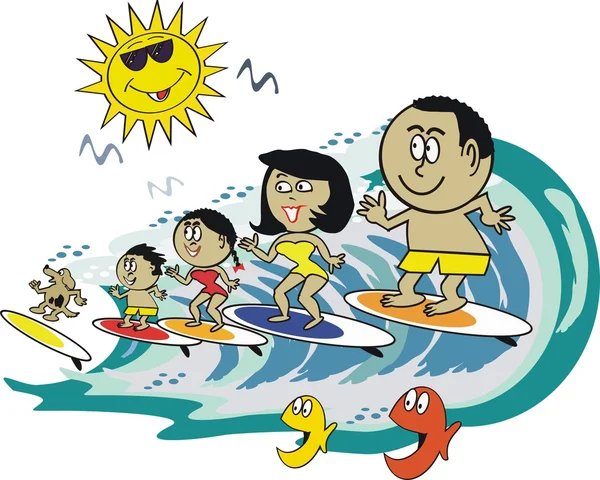 Vector de dibujos animados de la familia africana feliz montar ola grande en las tablas de surf — Vector de stock