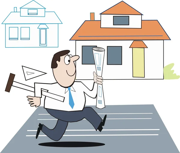 Desenho animado vetorial do arquiteto com planos de correr para cumprir prazo para projeto de casa —  Vetores de Stock