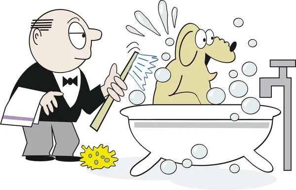 Vector cartoon of happy dog being washed in bathtub by butler — Stock Vector