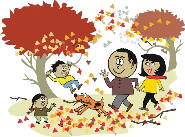 Caricatura vectorial de feliz familia africana caminando al aire libre en otoño — Vector de stock