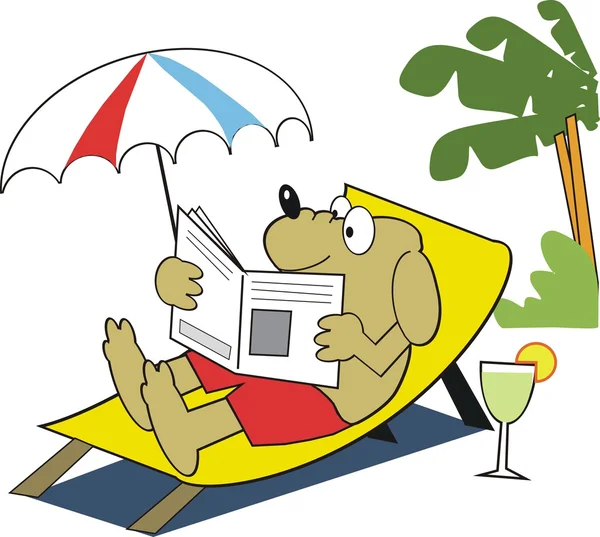 Vector cartoon of dog relaxing on deckchair with newspaper and drink — Stock Vector