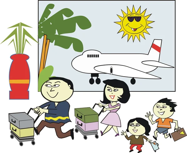Vector cartoon of happy Asian family with luggage at airport terminal — Stock Vector