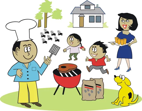 Vector cartoon of happy African family enjoying barbecue outdoors — Stock Vector