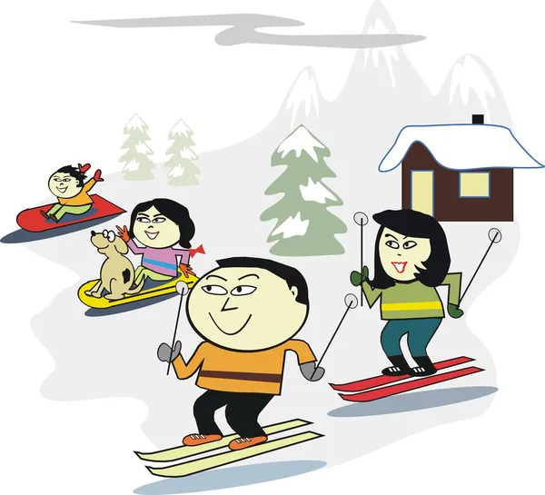 Vektor-Karikatur glücklicher asiatischer Familien beim Skifahren auf Berghängen — Stockvektor
