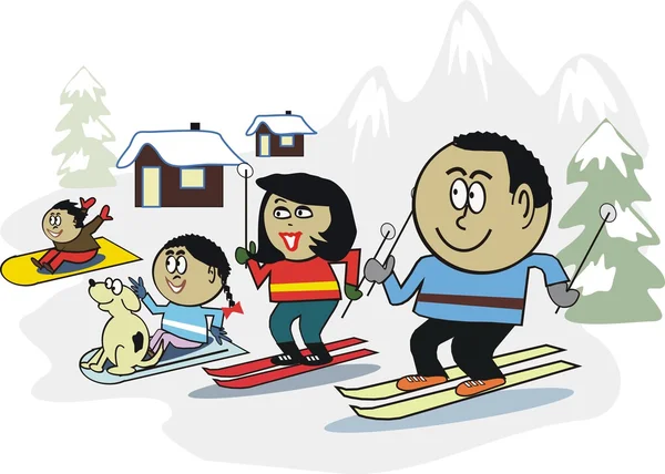 Vector cartoon van Afrikaanse en gelukkige familie skiën in alpine omgeving — Stockvector