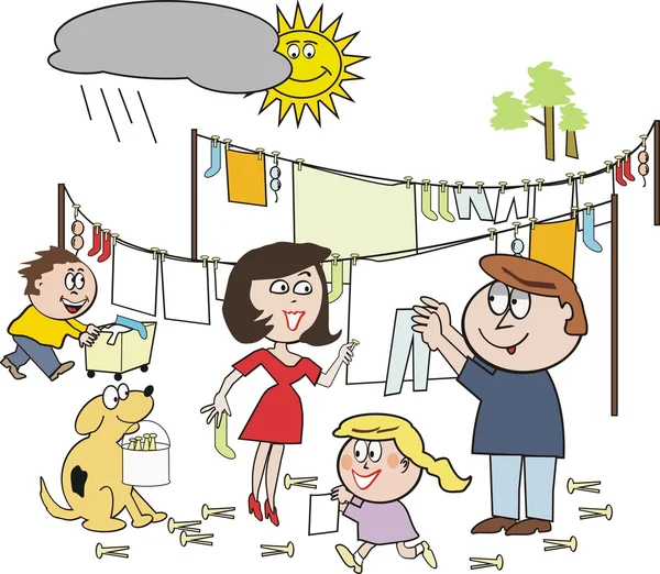 雨の雲にもかかわらずランドリー一緒に出かけるしている幸せな家族のベクトルの漫画 — ストックベクタ