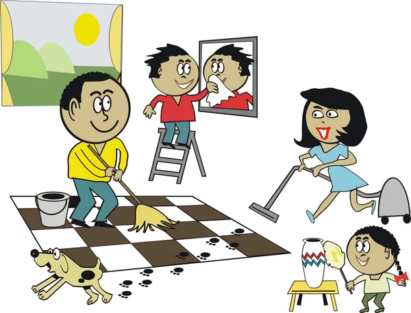 Desenhos animados vetor de casa de limpeza família Africano feliz esfregando chão e usando aspirador de pó — Vetor de Stock