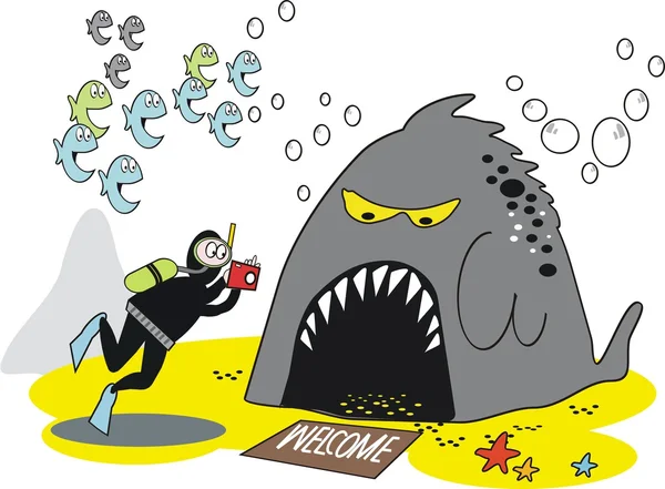 Vector cartoon of diver photographing aggressive fish underwater — Stok Vektör