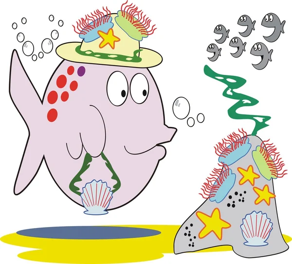 矢量水下的搞笑鱼与海葵帽子时尚卡通 — 图库矢量图片