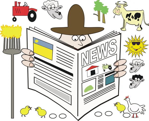 Vektor-Karikatur eines Bauern, der Zeitung liest — Stockvektor
