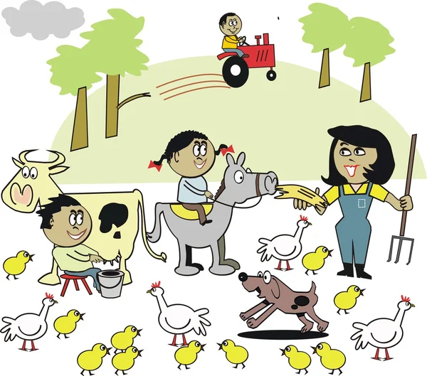 Vector cartoon van Afrikaanse en gelukkige familie op boerderij met paard, koe en kippen — Stockvector