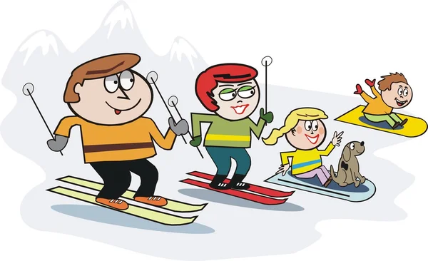 Векторний мультфільм про щасливі сімейні лижі на гірському схилі — стоковий вектор