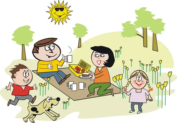 Dibujos animados vectoriales de familia feliz disfrutando de un picnic en un entorno rural — Vector de stock